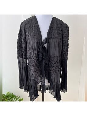 JOSEPH RIBKOFF Sheer Bell Sleeve Tie Front Black Jacket Crinkle High Low Ruffle